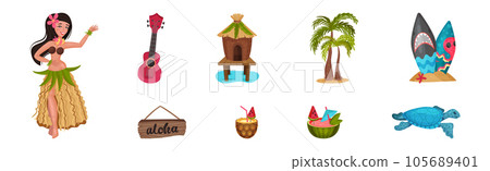 Hawaiian Beach Attributes and Tropical Symbols with Palm, Hut, Turtle, Guitar and Dancing Woman Vector Set Hawaiian Beach Attributes and Tropical Symbols with Palm, Hut, Turtle, Guitar and Dancing Woman Vector Set 105689401