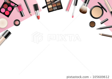 Vector make-up background with space for your text and cosmetic tools on white background from top view 105689612