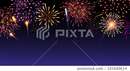 Vector decorative border with colorful exploding fireworks in the sky - celebration card, festival banner Vector decorative border with colorful exploding fireworks in the sky - celebration card, festival banner 105689614