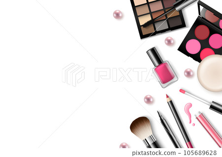 Vector make-up background with space for your text and cosmetic tools on white background from top view 105689628