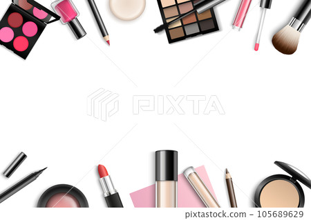 Vector make-up background with space for your text and cosmetic tools on white background from top view 105689629