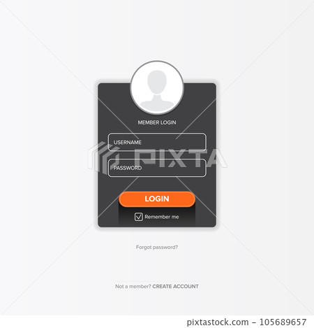 Dark grey Login form web page design template or mock up. Mobile website ui vector elements set. 105689657