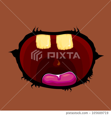 Vector cartoon funny zombie monster open mouth with rotten teeth isolated on brown background. Vector Halloween greeting card with funne green monster mouth. Cartoon vampire and witch fangs 105689719