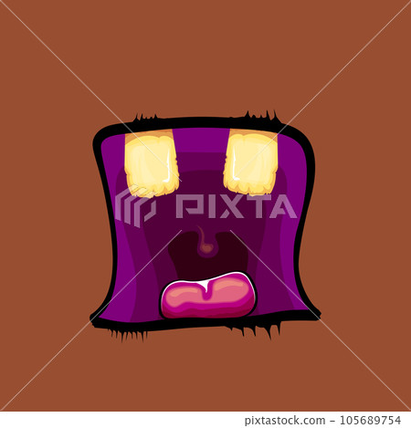 Vector cartoon funny zombie monster open mouth with rotten teeth isolated on brown background. Vector Halloween greeting card with funne green monster mouth. Cartoon vampire and witch fangs 105689754