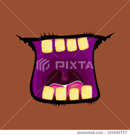 Vector cartoon funny zombie monster open mouth with rotten teeth isolated on brown background. Vector Halloween greeting card with funne green monster mouth. Cartoon vampire and witch fangs 105689757