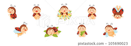 Cute Happy Ladybug with Spotted Wings Vector Set 105690023