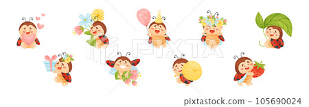 Cute Happy Ladybug with Spotted Wings Vector Set 105690024