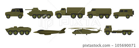 Military Machine and Armored Vehicle for Off-road Track with Aircraft Vector Set 105690071