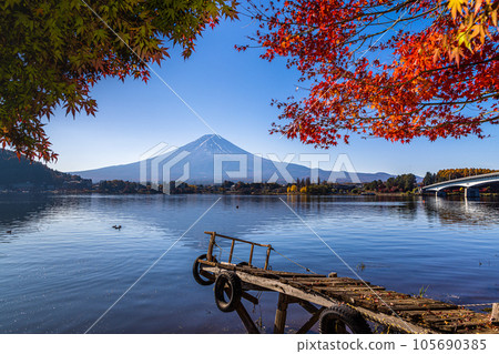【山梨縣、富士山、河口湖】11月顛倒的富士山和紅葉一起 【山梨縣、富士山、河口湖】11月顛倒的富士山和紅葉一起 105690385