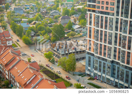 city quarter, building under construction, townhouses, tower modern building, street, road, cars, trees. bird's eye view, aerial view, summer. master plan. 105690825
