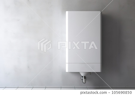 Wall in the bathroom with a mounted gas water heater. Gas boiler 105690850