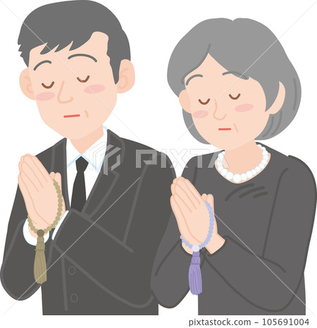 葬禮相關插圖_老年男女手持念珠，閉上眼睛，雙手合十。 105691004