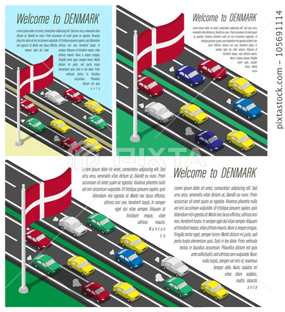 Isometric flag of Denmark on flagpole fluttering wind. Crossing of Danish country border by car travels. Set of information horizontal, square and vertical vector banner, templates for printing 105691114