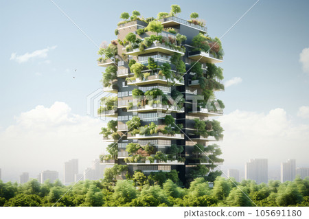 Sustainable green building in modern city. Green architecture. Eco-friendly building. Sustainable residential building with vertical garden reduce CO2. Apartment with green environment. Generative AI. Sustainable green building in modern city. Green architecture. Eco-friendly building. Sustainable residential building with vertical garden reduce CO2. Apartment with green environment. Generative AI. 105691180