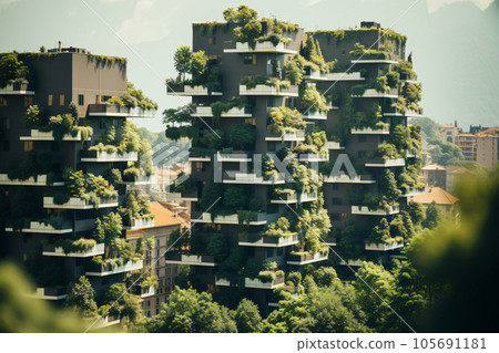 Sustainable green building in modern city. Green architecture. Eco-friendly building. Sustainable residential building with vertical garden reduce CO2. Apartment with green environment. Generative AI. Sustainable green building in modern city. Green architecture. Eco-friendly building. Sustainable residential building with vertical garden reduce CO2. Apartment with green environment. Generative AI. 105691181