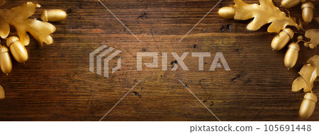 Autumn banner background with golden oak leaves on wooden background 105691448