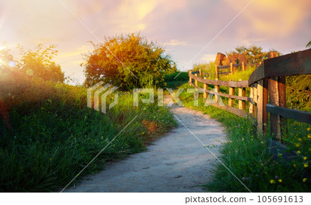 art Beautiful mountainous rural landscape; mountainous landscape panorama with dirt road and cloudy sky at sunset. backlight sunlight art Beautiful mountainous rural landscape; mountainous landscape panorama with dirt road and cloudy sky at sunset. backlight sunlight 105691613