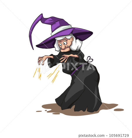 Isolated cartoon witch. Adult woman in violet magician hat. Witchcraft scene. Wizard colored poster. Spooky sorcery 105691729