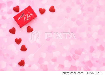 Valentines Day background. Red gift box and hearts on festive background Valentines Day background. Red gift box and hearts on festive background 105692213