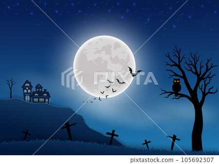 Happy Halloween celebrate theme on night scene background with graveyard and haunted house on full moon night 105692307