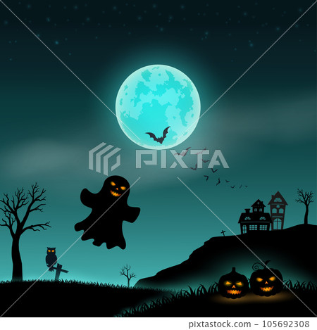 Halloween night scene background with haunted house,scary pumpkin and ghost on full moon night 105692308