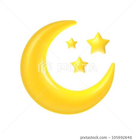 3d crescent. Moon and stars Ramadan concept, abstract islamic decoration element. Yellow half moon with star arabic muslim symbol isolated vector illustration 105692648