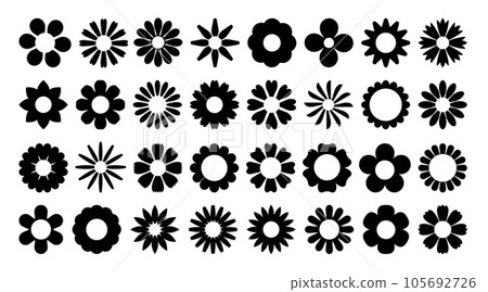 Silhouette daisy flower. Simple shape chamomile, black silhouette flowers. Floral graphic design element, plant icon, nature abstract chamomiles. Vector set 105692726