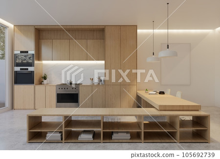 Minimal wooden kitchen and dining table. 3D illustration rendering Minimal wooden kitchen and dining table. 3D illustration rendering 105692739