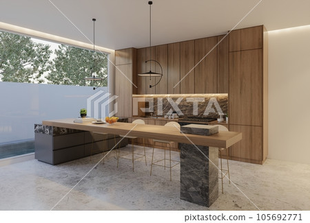 Minimal wooden kitchen and dining table. 3D illustration rendering 105692771