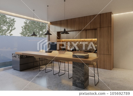 Minimal wooden kitchen and dining table. 3D illustration rendering Minimal wooden kitchen and dining table. 3D illustration rendering 105692789