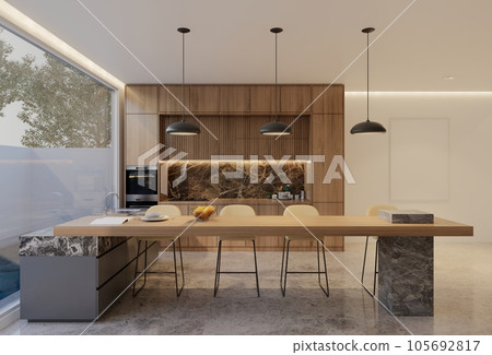 Minimal wooden kitchen and dining table. 3D illustration rendering 105692817
