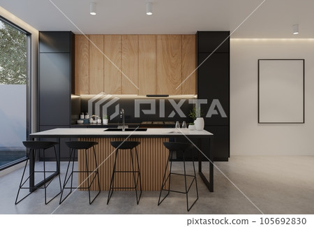 Minimal wooden kitchen and dining table. 3D illustration rendering Minimal wooden kitchen and dining table. 3D illustration rendering 105692830