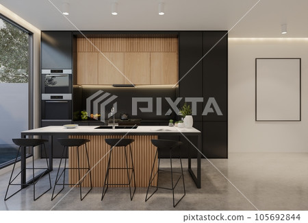 Minimal wooden kitchen and dining table. 3D illustration rendering Minimal wooden kitchen and dining table. 3D illustration rendering 105692844