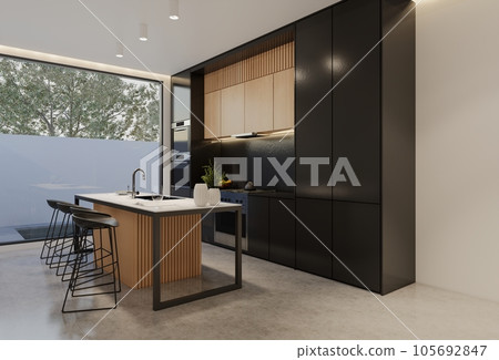 Minimal wooden kitchen and dining table. 3D illustration rendering 105692847