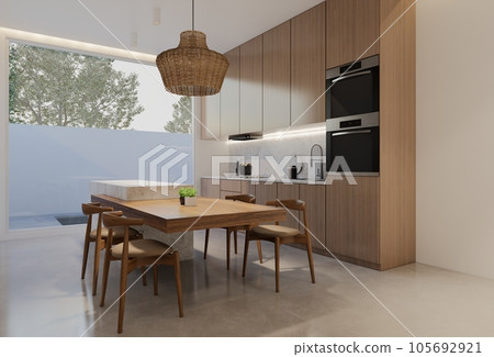 Minimal wooden kitchen and dining table. 3D illustration rendering Minimal wooden kitchen and dining table. 3D illustration rendering 105692921