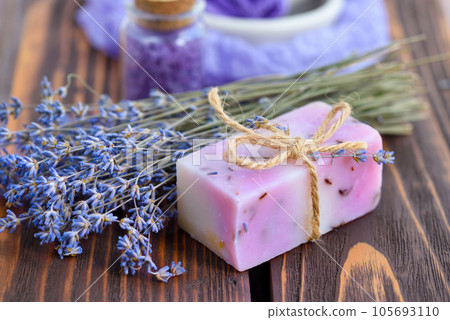 Lavender spa products on wooden table. Body care products with lavender Lavender spa products on wooden table. Body care products with lavender 105693110