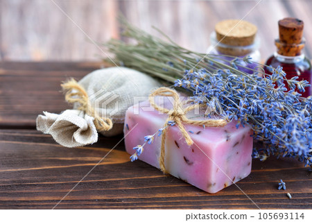 Lavender spa products on wooden table. Body care products with lavender Lavender spa products on wooden table. Body care products with lavender 105693114