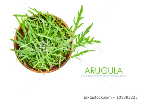 Fresh arugula in bowl isolated on white background with copy space for your text. Top view Fresh arugula in bowl isolated on white background with copy space for your text. Top view 105693225