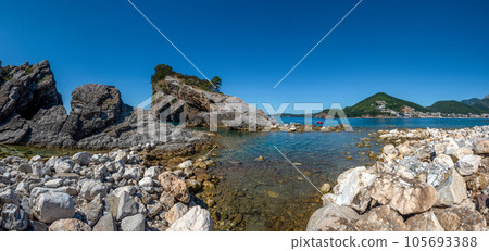 Picturesque panorama of the rocks and sea on the Sveti Nikola island. Montenegro, Adriatic sea Picturesque panorama of the rocks and sea on the Sveti Nikola island. Montenegro, Adriatic sea 105693388