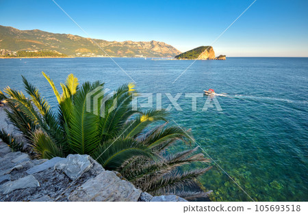 Bay of Budva looking at Island Sveti Nikola, Montenegro, Adriatic sea, Europe 105693518