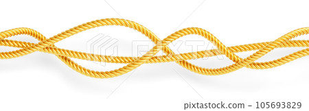Golden ropes, swirl wave lines of metal cords with loops, twisted cables or strings 3d render. Decorative sewing items or industrial objects isolated on white background, pattern. 3D illustration Golden ropes, swirl wave lines of metal cords with loops, twisted cables or strings 3d render. Decorative sewing items or industrial objects isolated on white background, pattern. 3D illustration 105693829