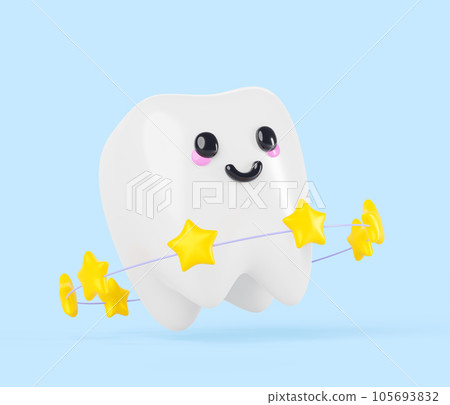 Cute baby tooth with ring of gold stars 3d render. Cartoon kawaii teeth character with happy face. Concept of quality of service in children dental clinic, positive customer feedback. 3D illustration 105693832