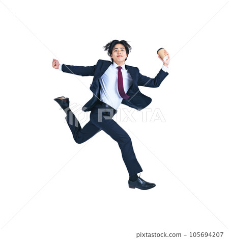 PNG年輕商人帶著咖啡杯背景透明剪報跳躍 105694207