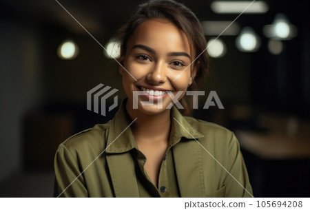 Portrait of cheerful satisfied lady on green cloth toothy beaming smile look camera isolated on color background.AI Generative. 105694208