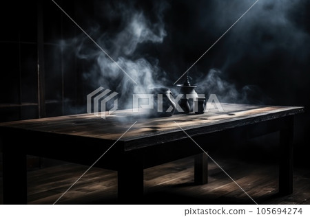 Empty wooden table with smoke float up on dark background, perspective wooden floor shelf table, used as a studio background wall to display your products. AI Generative. 105694274