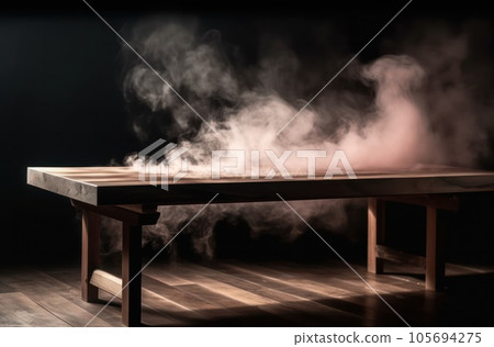 Empty wooden table with smoke float up on dark background, perspective wooden floor shelf table, used as a studio background wall to display your products. AI Generative. 105694275
