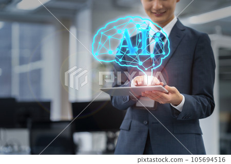 Young recruit male businessman working with tablet artificial intelligence in office 105694516