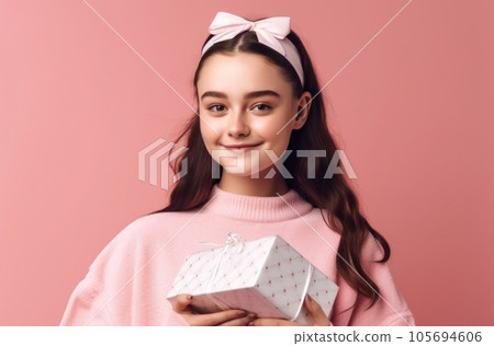 Excited pretty lady in dress holding gift boxes over color studio background. Celebrating Woman's Day, Valentine's, birthday, anniversary. Shopping for holiday concept. AI Generative. 105694606