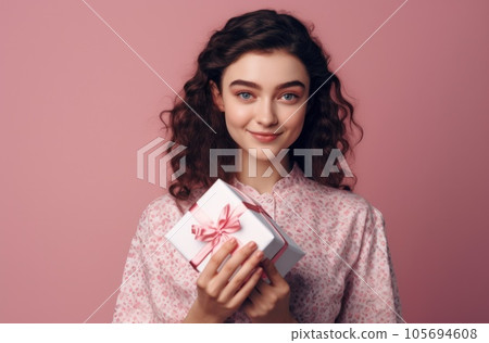 Excited pretty lady in dress holding gift boxes over color studio background. Celebrating Woman's Day, Valentine's, birthday, anniversary. Shopping for holiday concept. AI Generative. 105694608