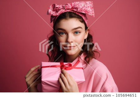 Excited pretty lady in dress holding gift boxes over color studio background. Celebrating Woman's Day, Valentine's, birthday, anniversary. Shopping for holiday concept. AI Generative. 105694651
